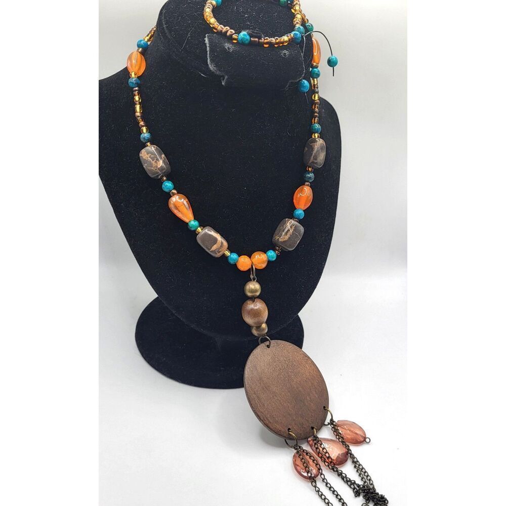 Chunky Pendant Boho Style Wood Coral Glass Howlite Turquoise Agate Handmade 23in